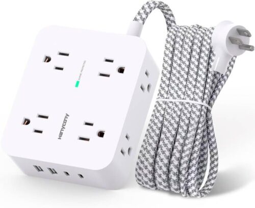 3 White Cube Power Strip with Braided Cord